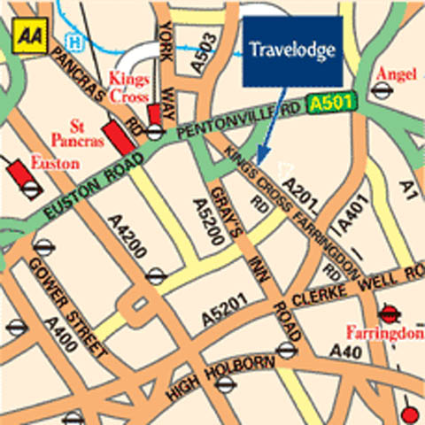 detailed map - hotel travelodge kings cross royal scot - london, united kingdom